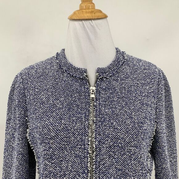 Rebecca Taylor Jacket Womens 4 Blue White Tweed Fringed Trim Full Zip Peplum - Picture 3 of 11